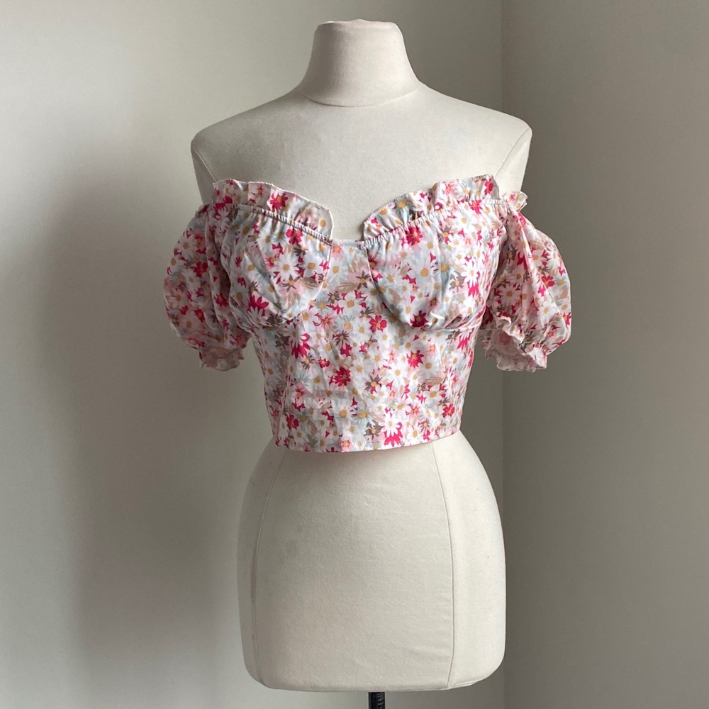 SHEIN Floral Off-Shoulder Top Womens Sz Large Pink Cropped